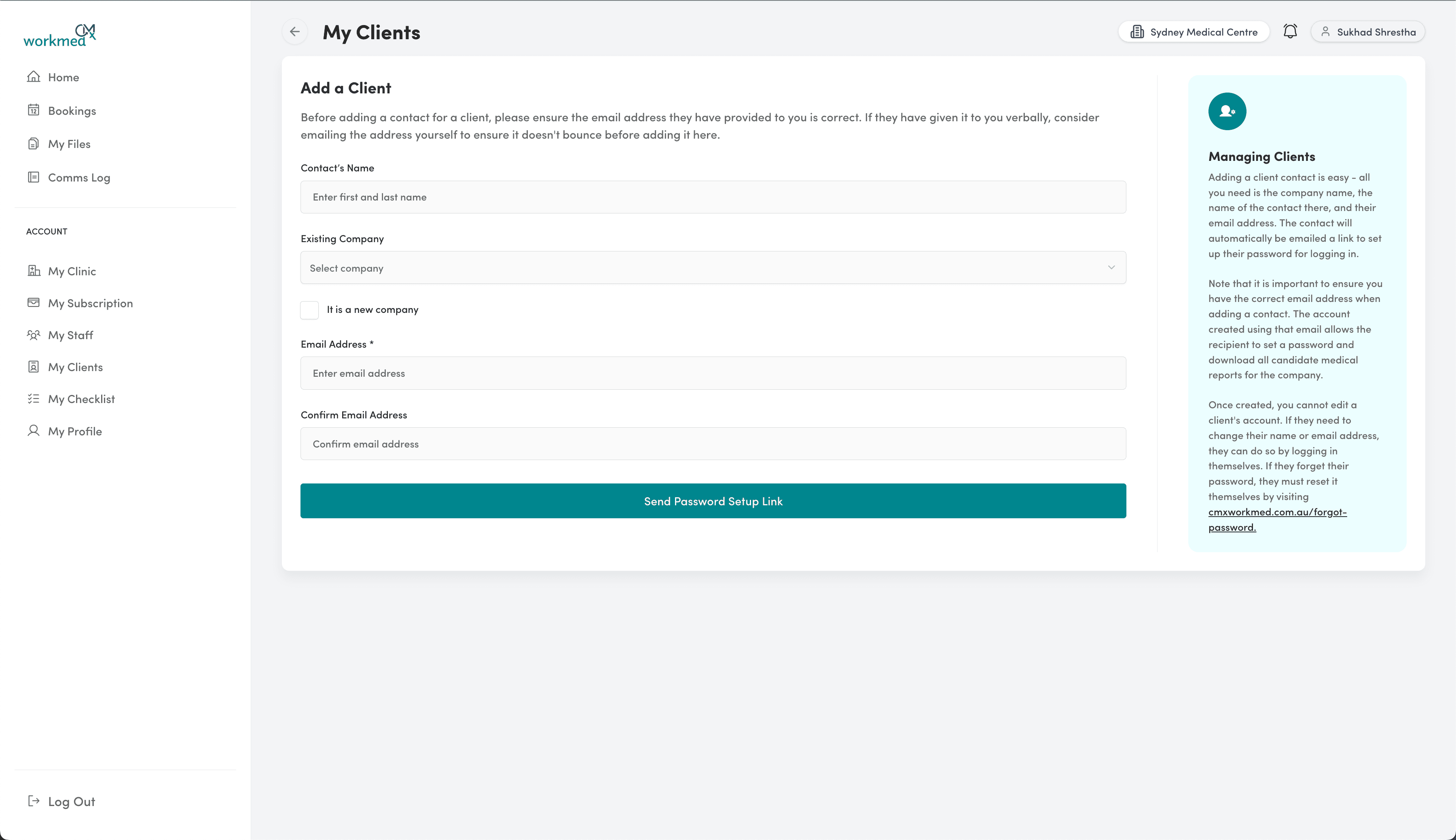 Visual guide to adding a client or employer in CMx Workmed