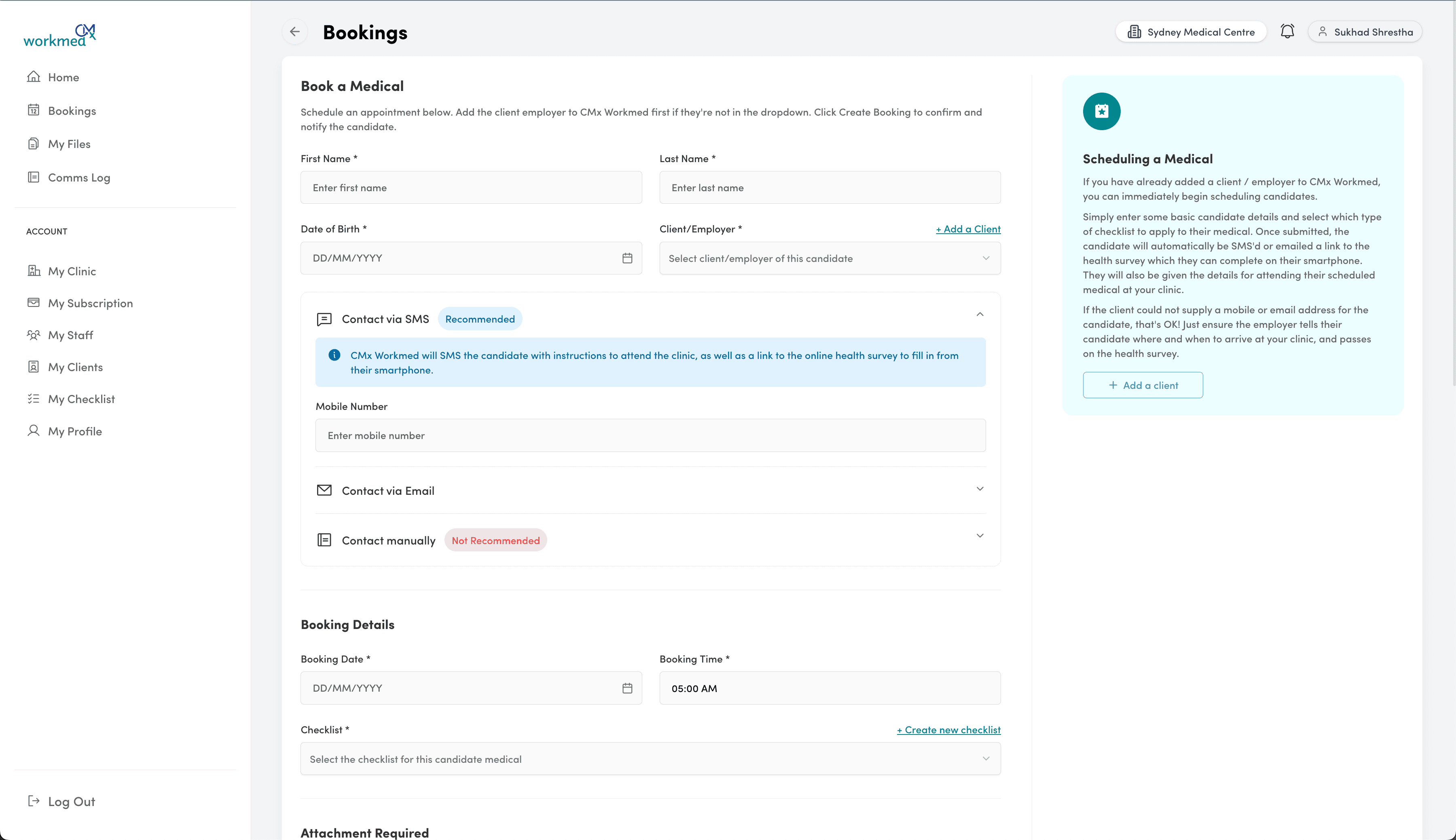 Screenshot of the CMx Workmed dashboard showing candidate bookings
